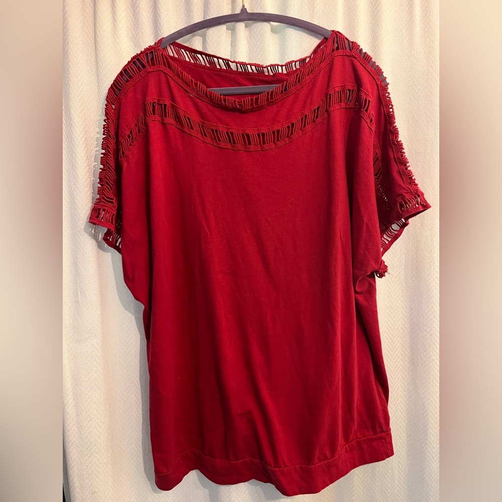 Roaman's Red Open-Stitch Short Sleeve Top